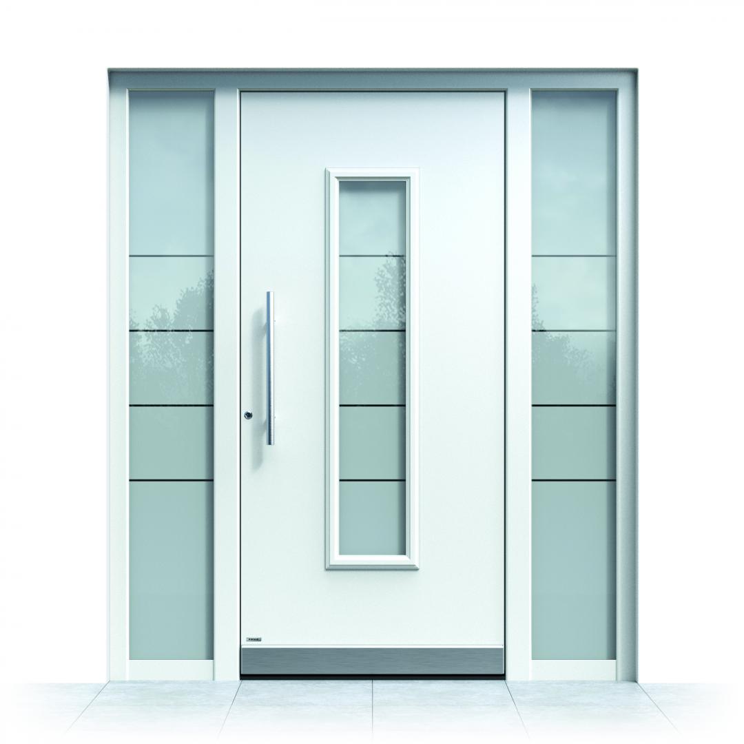 Ușă intrare aluminiu Pirnar Optimum CarbonCore 7300 alb sticlă laminată securizată